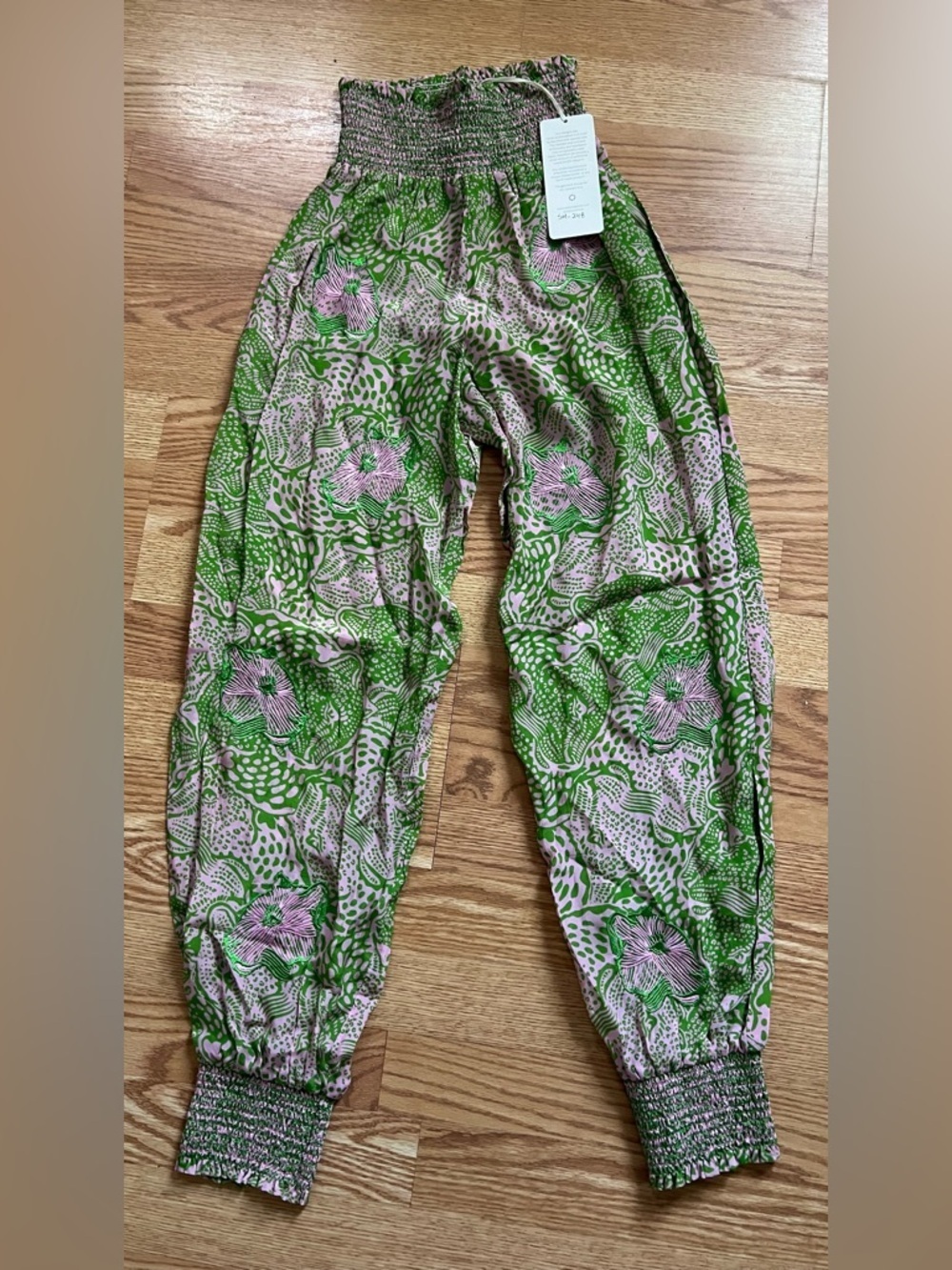 TAJ by Sabrina Crippa Embroidered Sheer  Pink/Green Coverup Pants Size S NWT